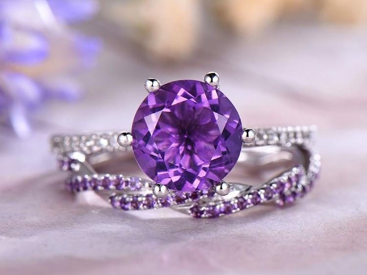 Unique 2 Carat Round Amethyst and Diamond Twist Infinity Wedding Ring ...