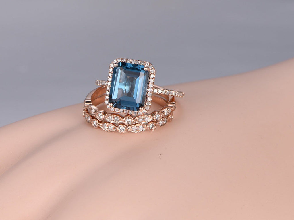 2 Carat Emerald Cut London Blue Topaz and Diamond Art Deco Half Infini ...