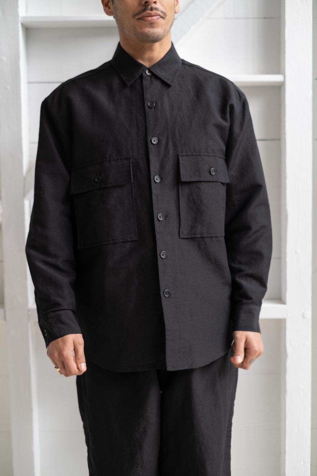 evan kinori | BIG SHIRT IN BLACK TROPICAL WOOL/LINEN CANVAS