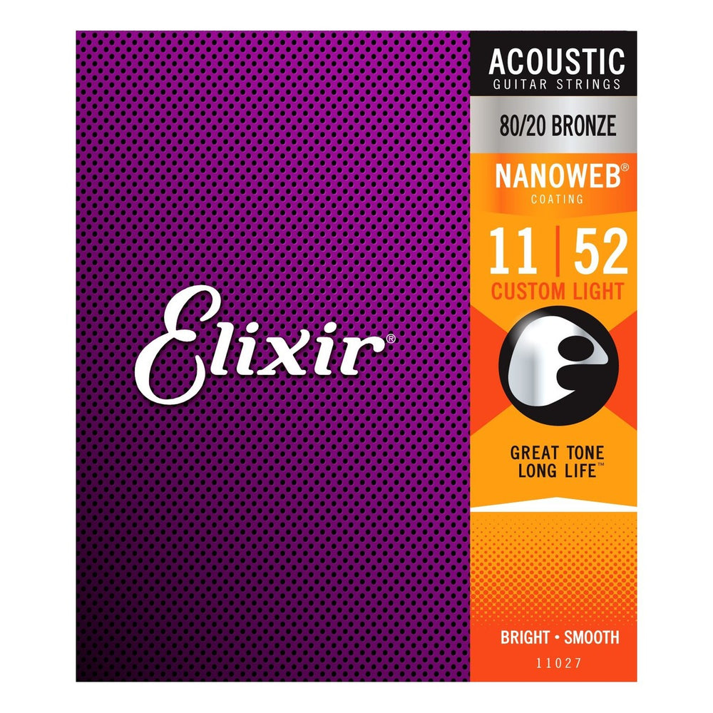 Elixir Nanoweb 80/20 Bronze Acoustic Guitar Strings 11-52 Custom Light Gauge