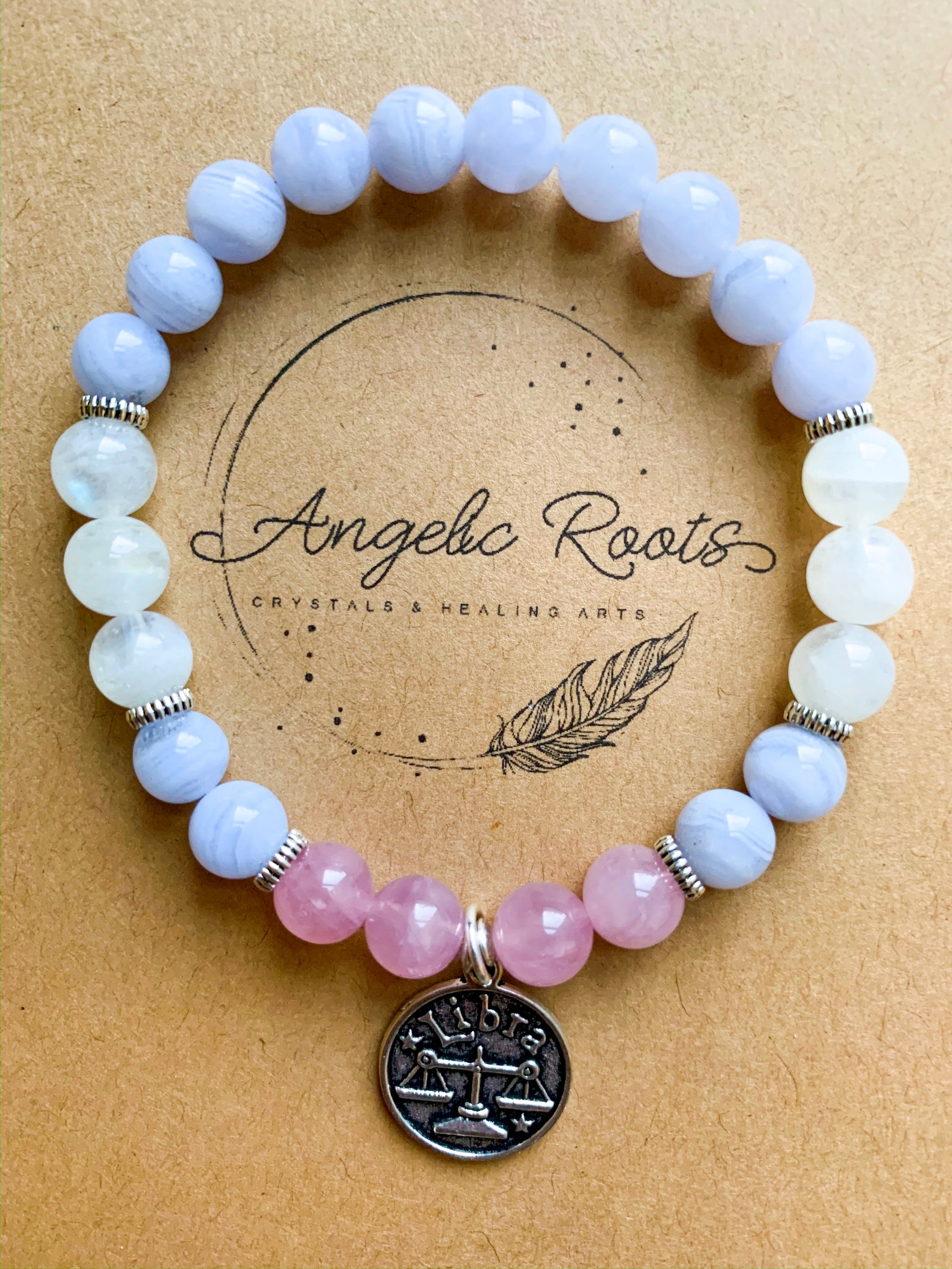 Libra Blue Lace Agate Moonstone Rose Quartz Beaded Bracelet Reiki Angelic Roots