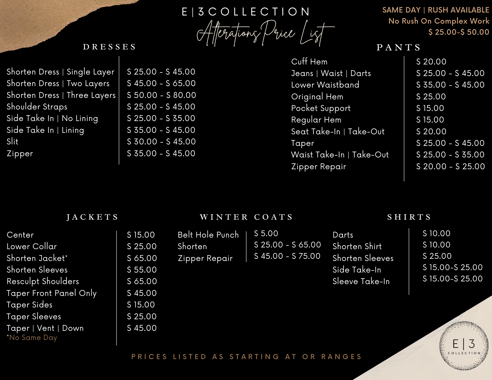 Alterations Store Price List
