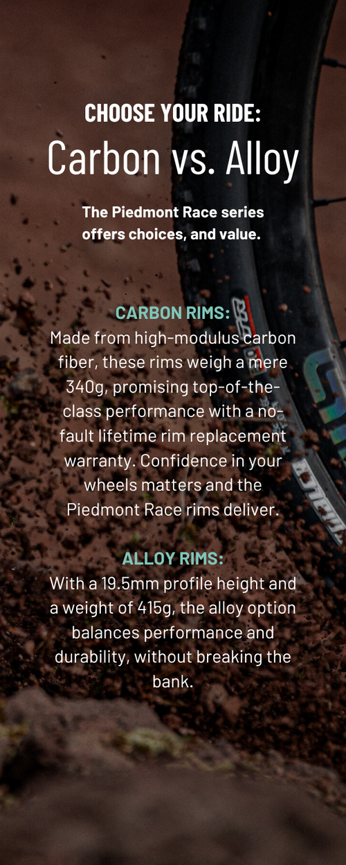 CHOOSE YOUR RIDECarbon vs. Alloy The Piedmont Race series offers choices, and value ✱ CARBON RIMS Made from high-modulus carbon fiber, these rims weigh a mere 340g, promising top-of-the-class perf (3).png__PID:2db9b7da-9bbb-4988-b400-820ac3064e33