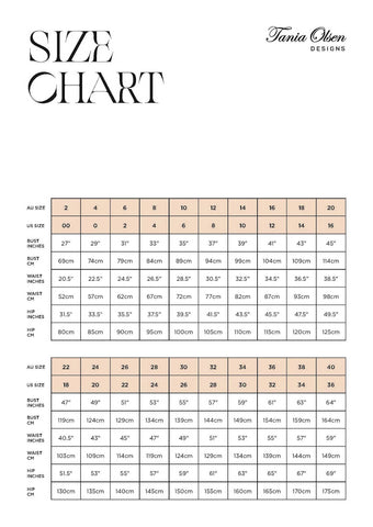 Tania Olsen Size Chart