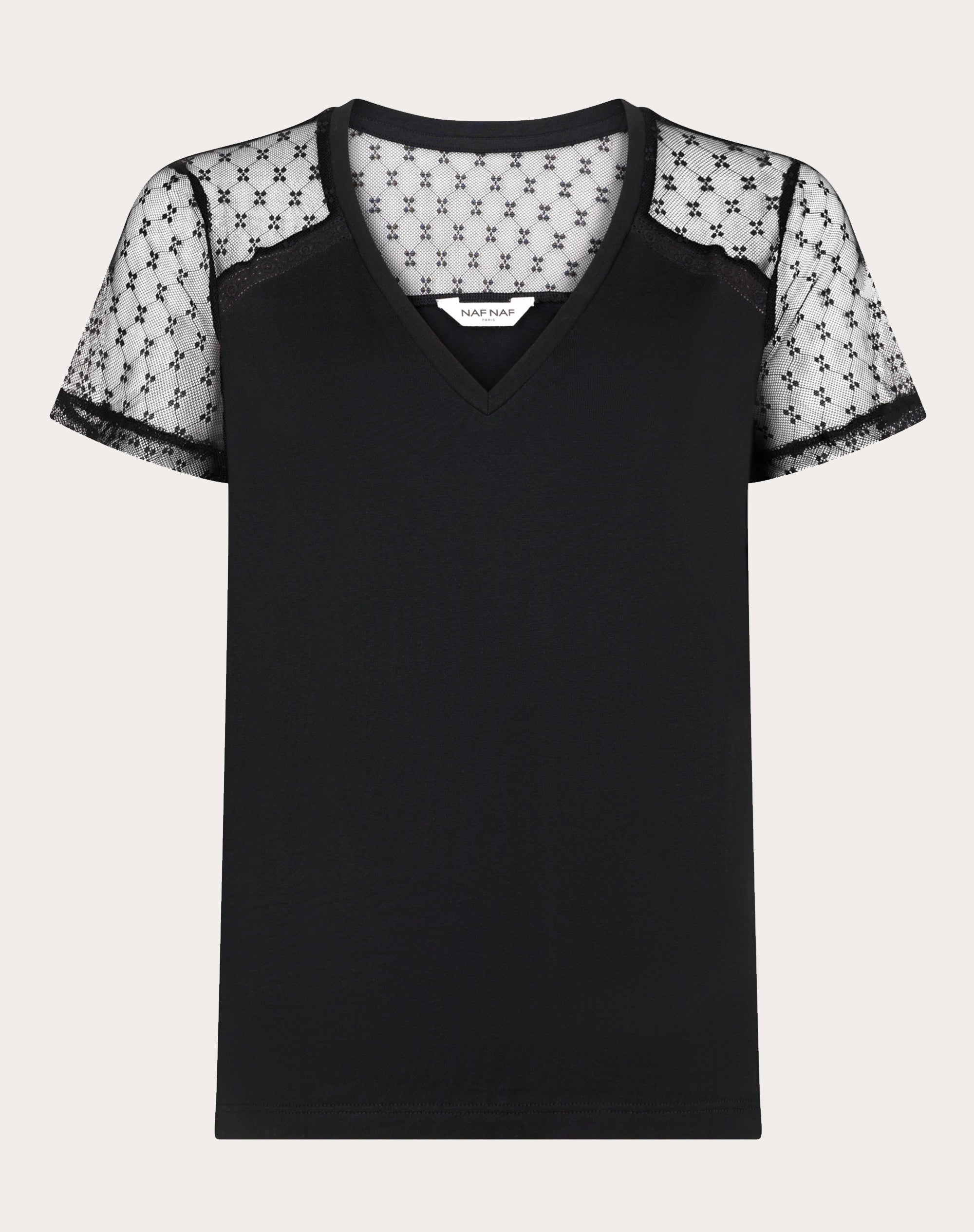 Camiseta rejilla de puntos Color Negro, Camisetas Mujer