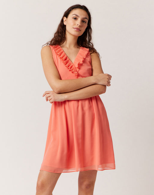 Pantano Monica Automático Vestido escote plisados Color Coral | Vestidos Mujer | NafNaf España