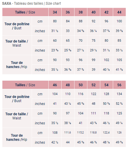 Tableau des tailles de la chemise