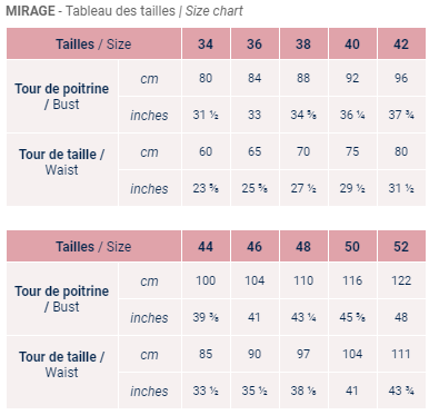 Mirage jacket size chart