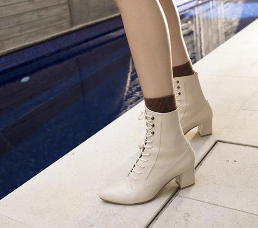 cream lace up booties