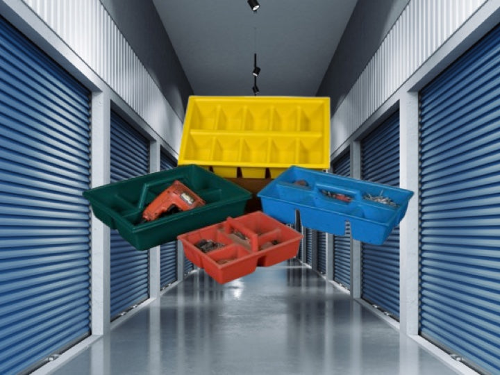 Storage units with multi colour Pioneer Plastics tool trays in the foreground