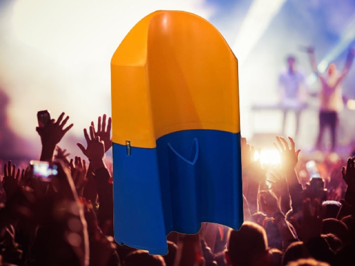 crowded event with a yellow and blue Pioneer plastics urinal in the foreground