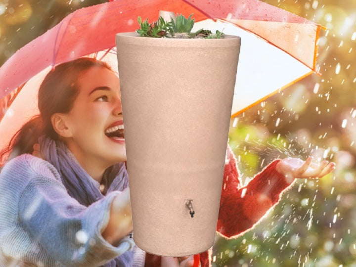 Family standing in the rain under an umbrella with a beige Pioneer plastics flower pot in the foreground