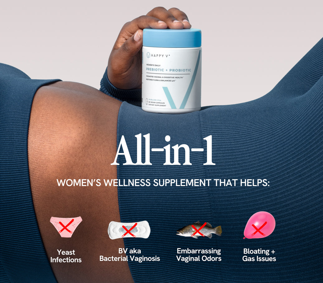 Woman holding probiotic supplement jar with text on women's wellness benefits.