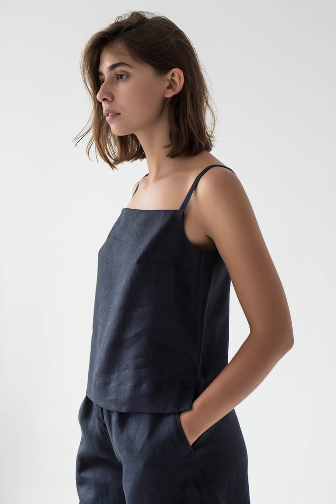 Square neck linen cami top in NAVY