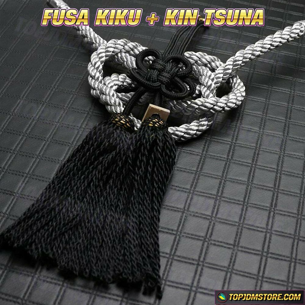 A Set JDM JP Fusa Green Kiku Knot Silver Tsuna Rope For Rearview