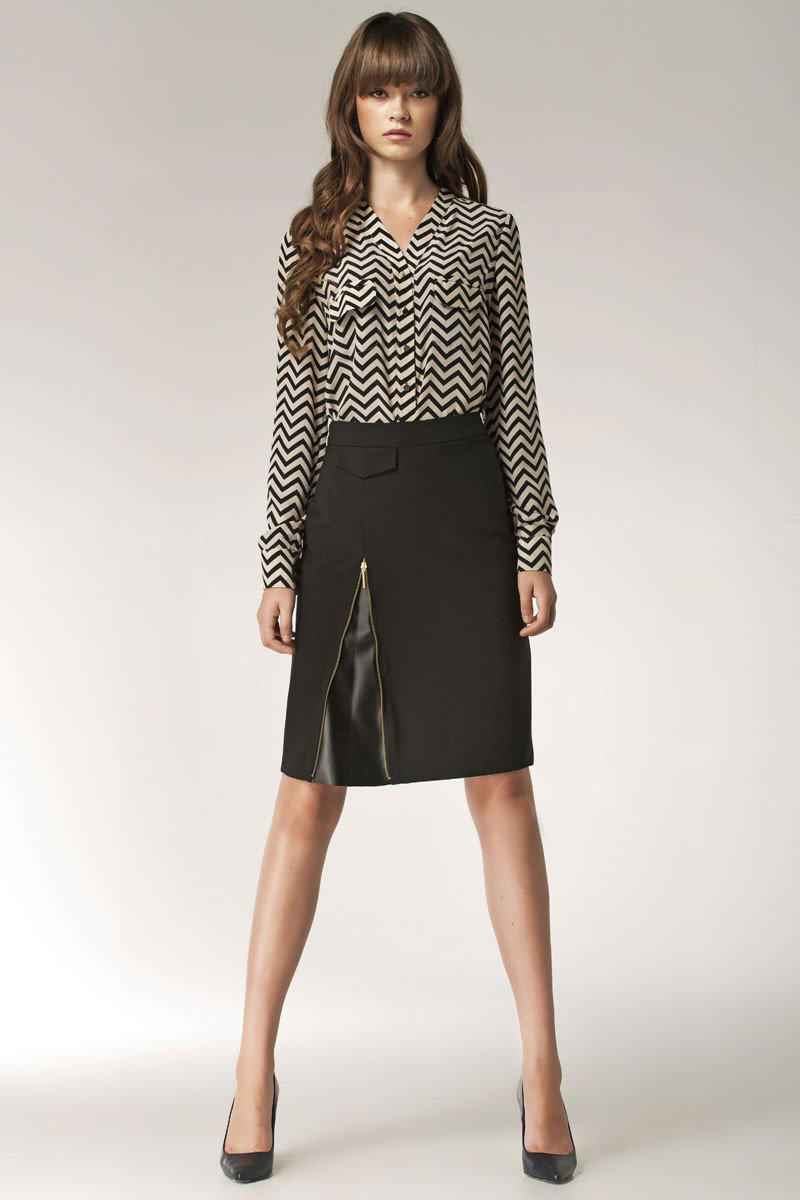 Black high-waisted skirt with striped blouse