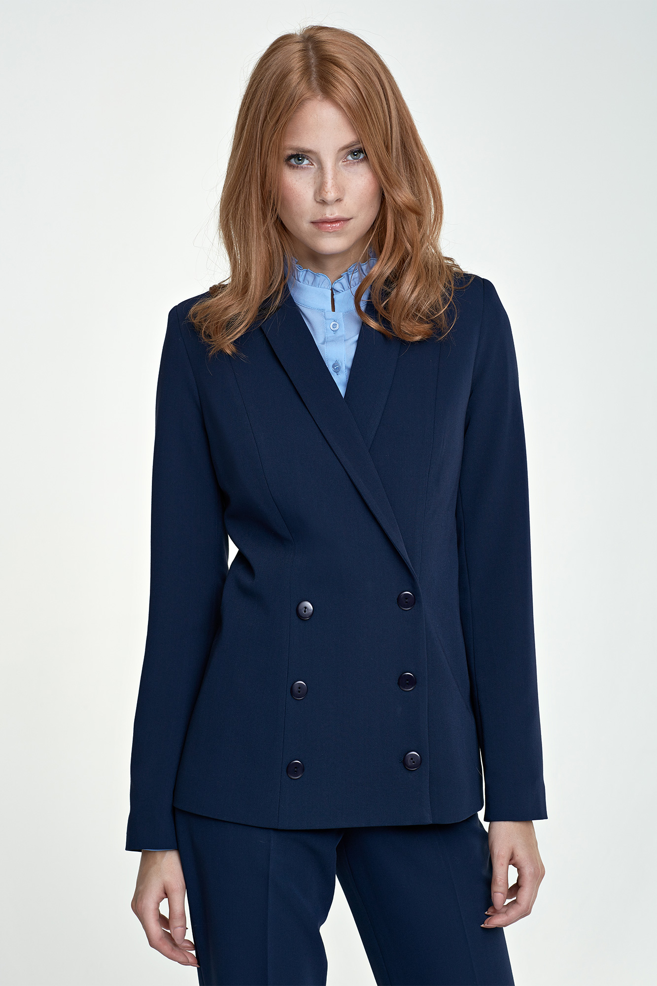 Women's fitted blazer, lined interior, navy blue.