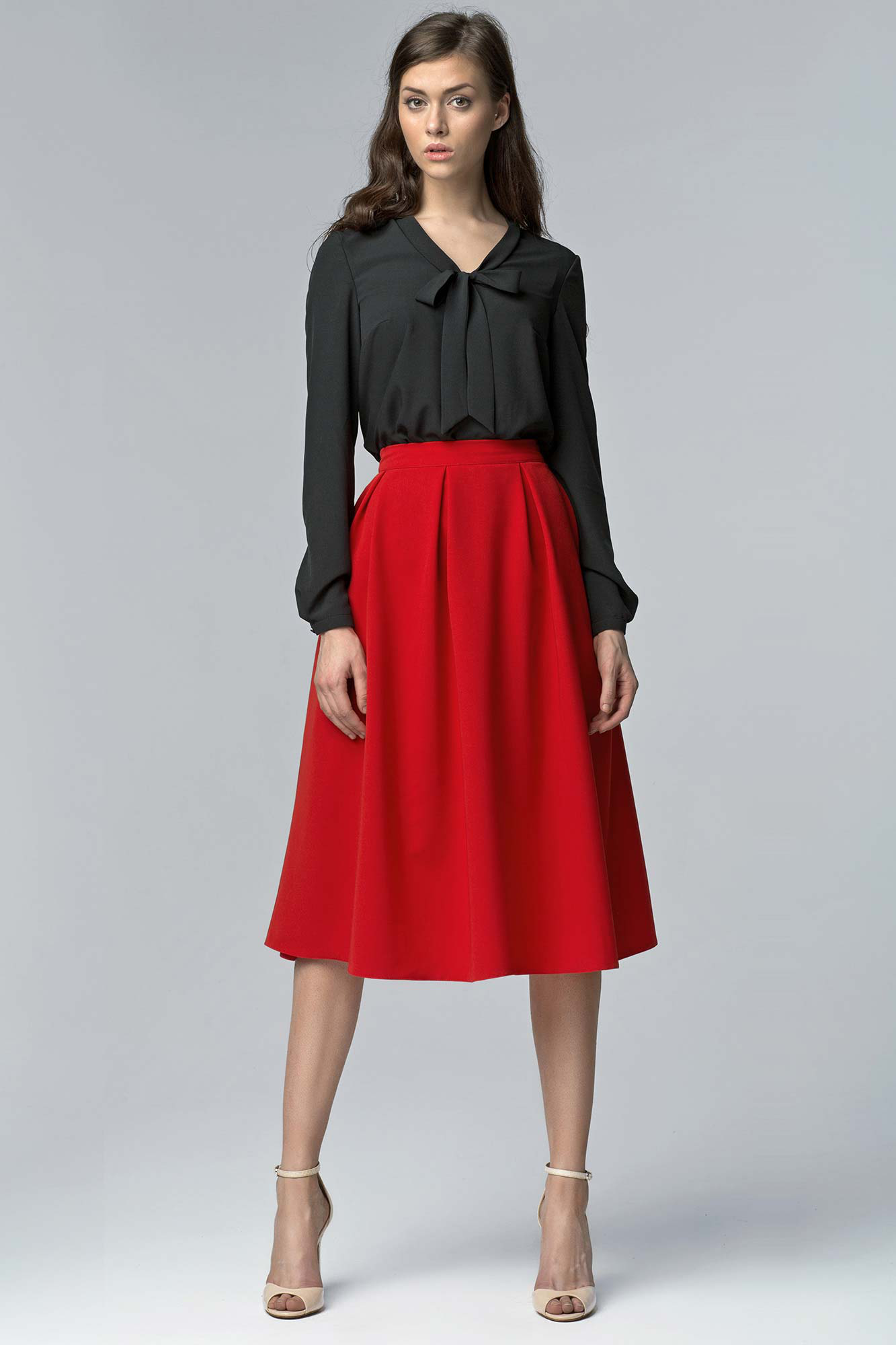Red bell skirt, high waist, midi length