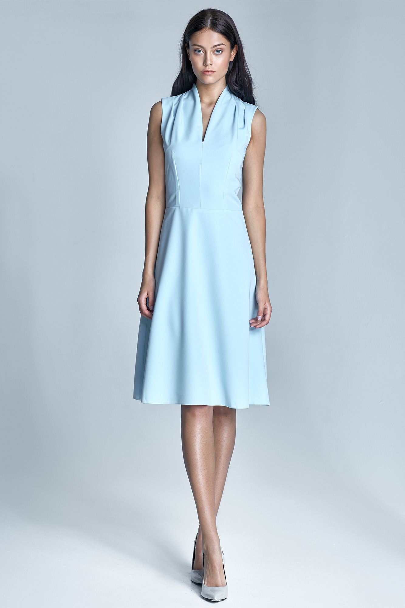 Swan neck dress and high-waisted flared skirt, pastel blue