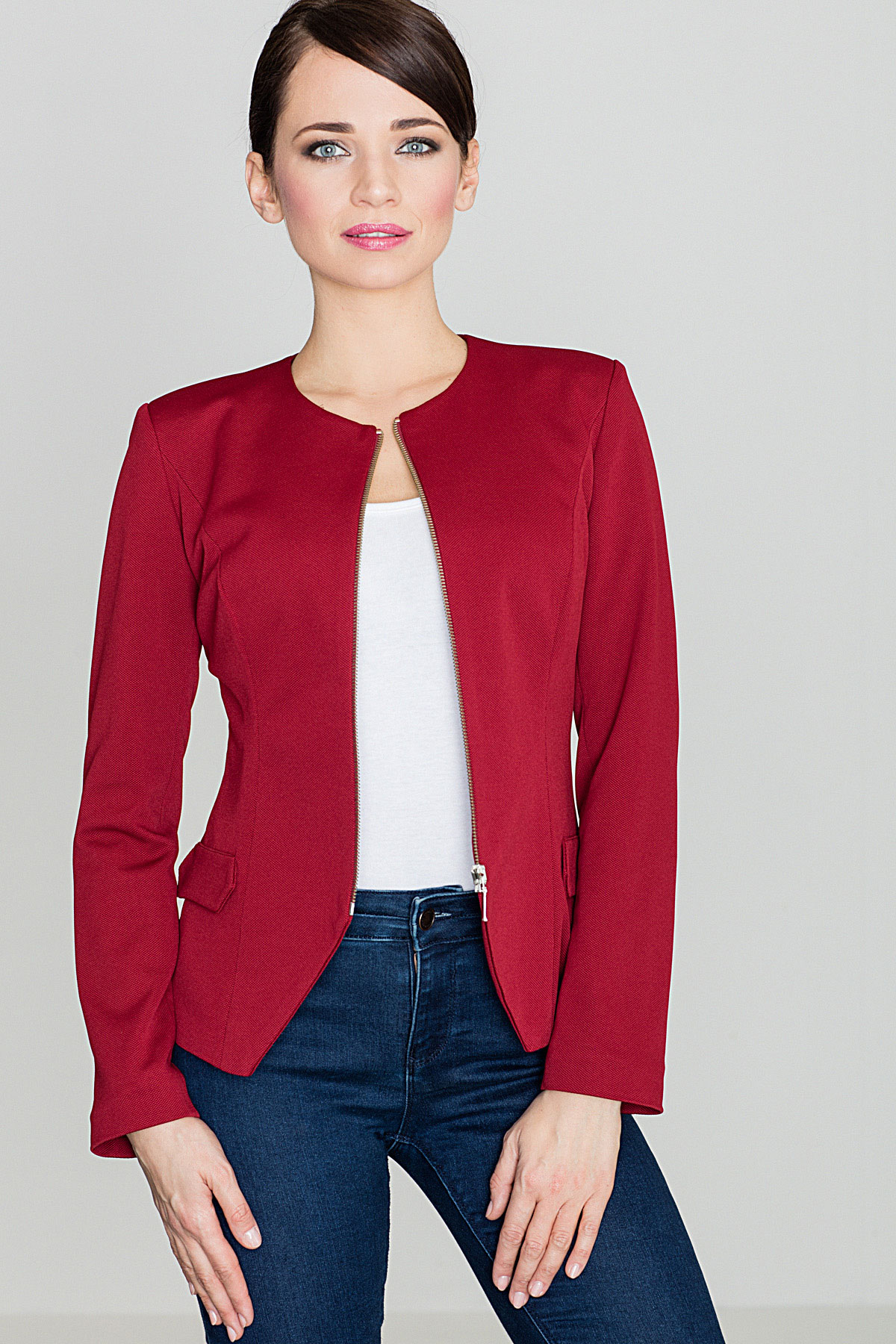 Burgundy fitted jacket, in pique knit, for women