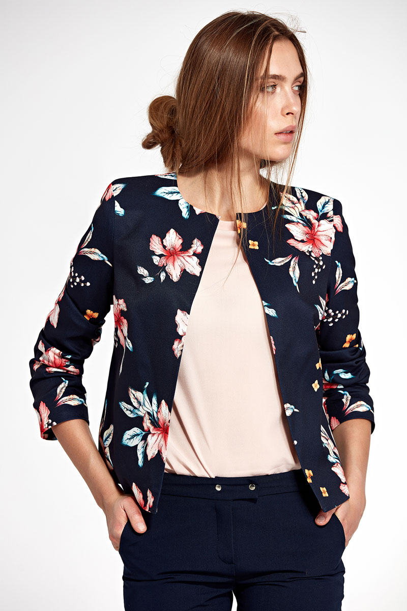 Chaqueta de traje sin botones, estampado floral.