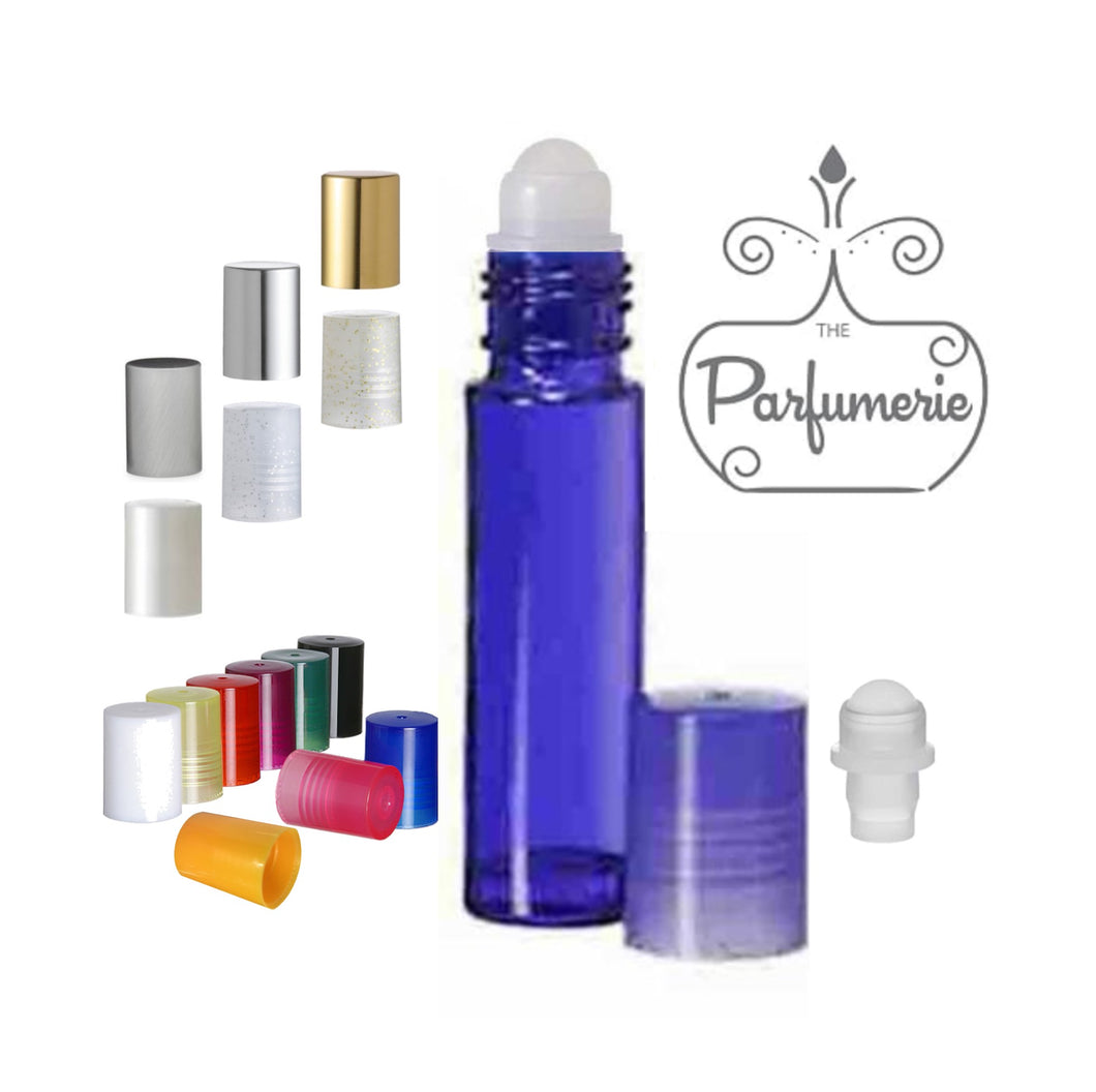 10 ml Blue Roll On Bottle with Plastic Rollerball Bottle Inserts and Color Cap Options Available