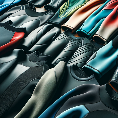A variety of wetsuits displayed, showcasing different materials like neoprene.