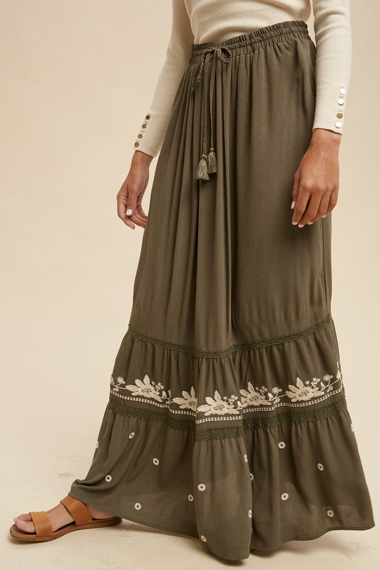 EMBROIDERED TIERED MAXI SKIRT IN OLIVE