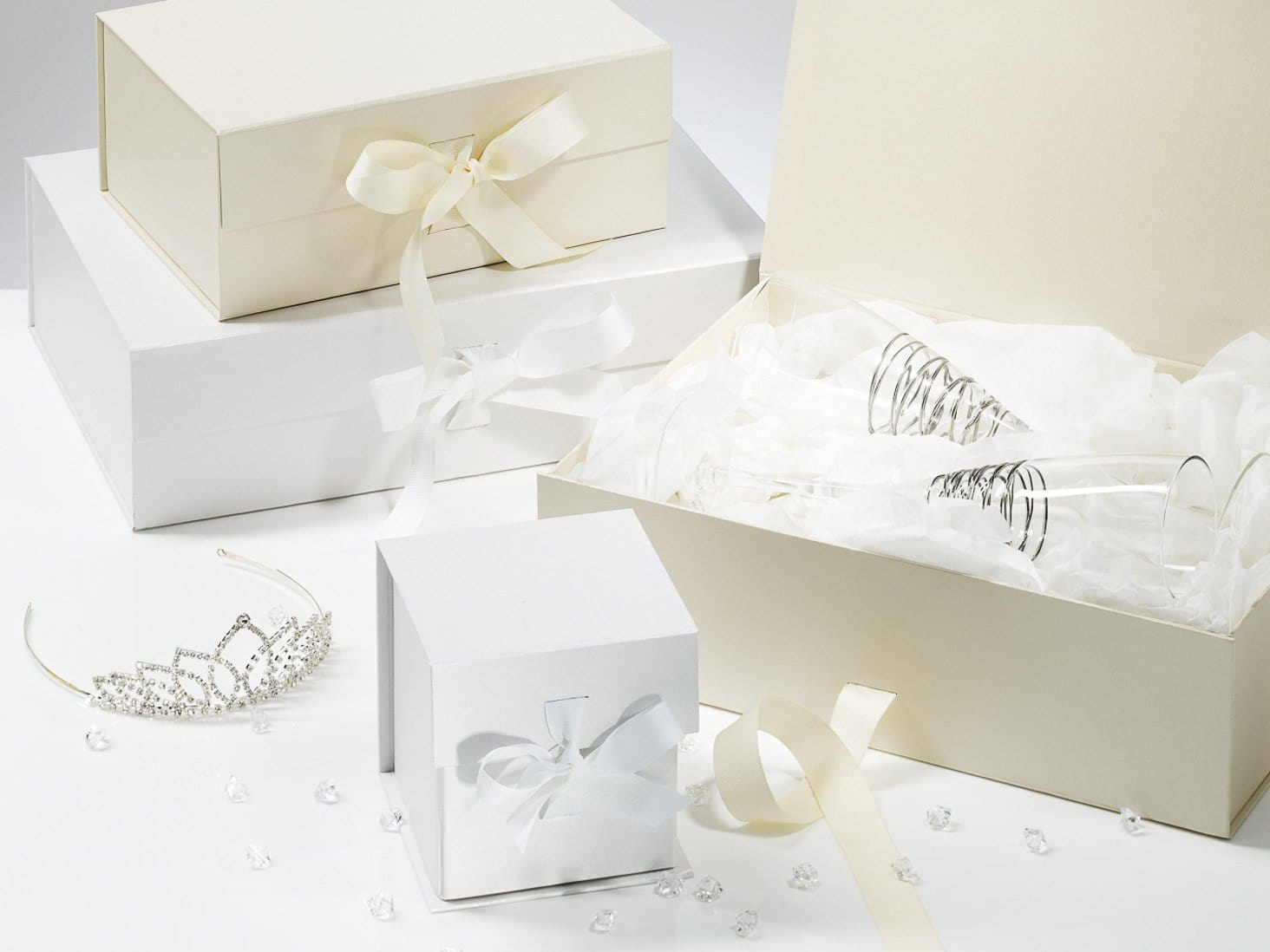 Luxury White A5 Gift Boxes with Fixed Grosgrain Ribbon