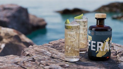 Non-alcoholic cocktails and bottle of Feragia with cliff views