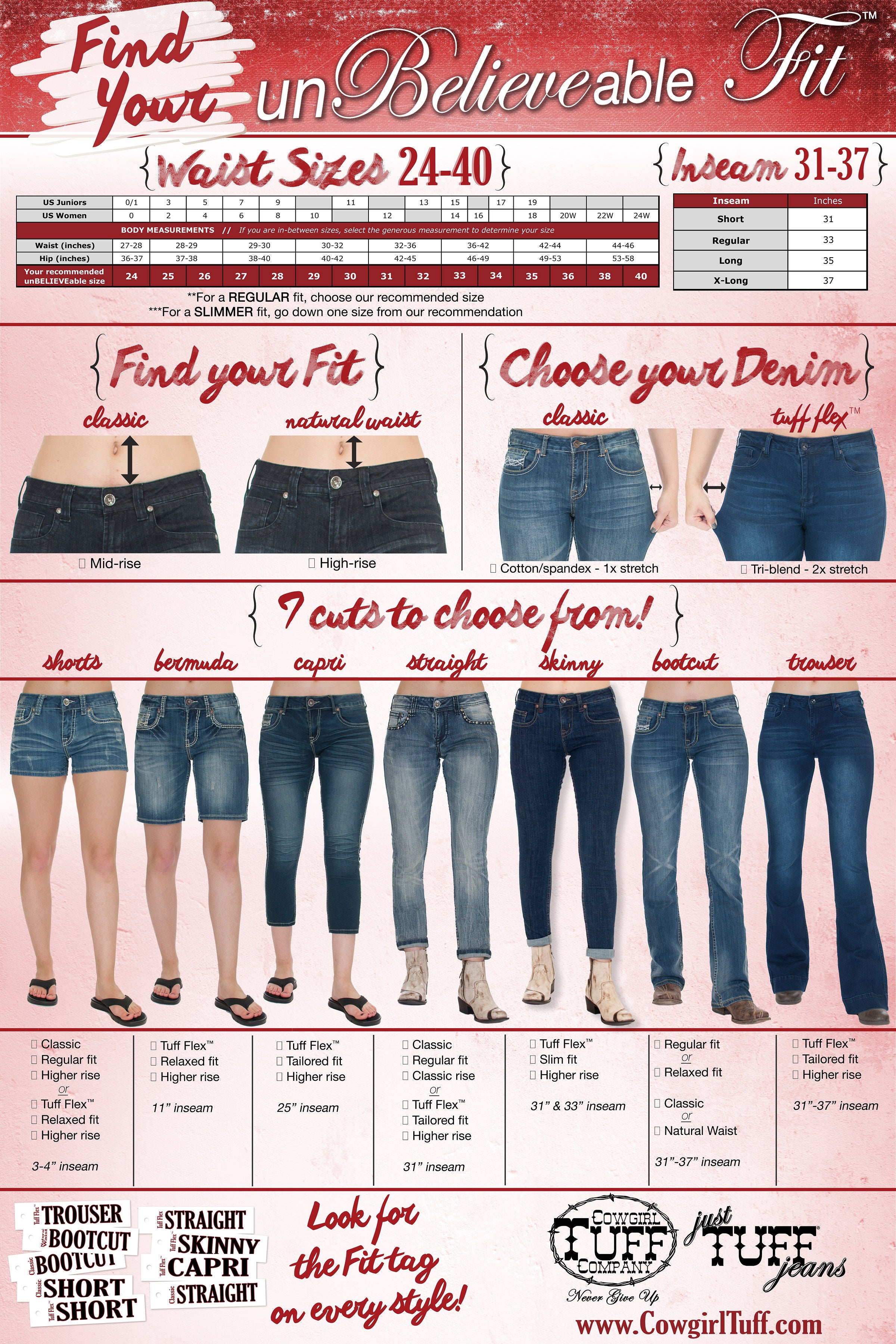 cowgirl tuff jeans size chart