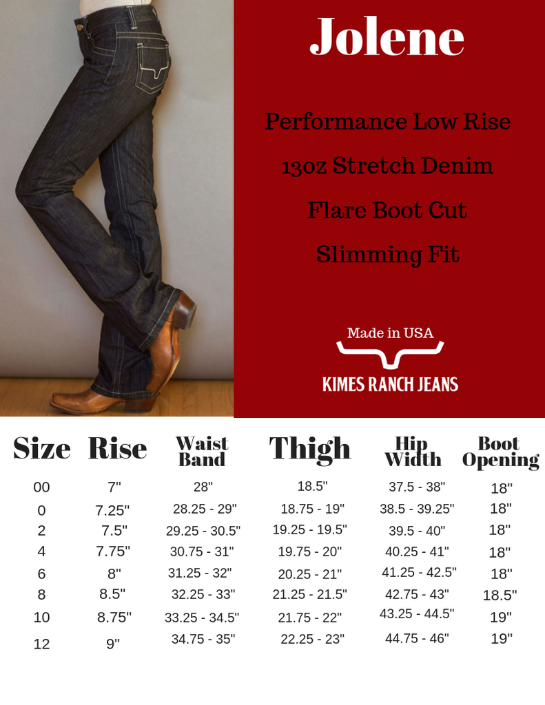 Kimes Ranch Jeans Size Chart