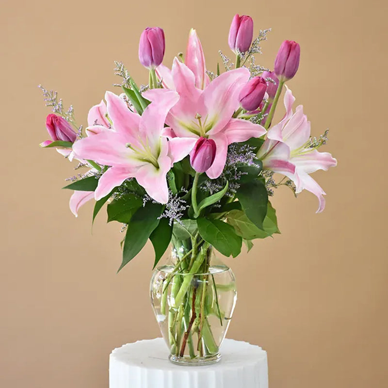 Pink Lily and Tulips Arrangements BetterFlowers.ae