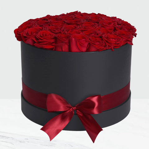 Box of Red Roses in Black Round Box | BetterFlowers.ae