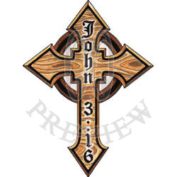 Brown wooden cross tattoo with barbed wire crown on left leg