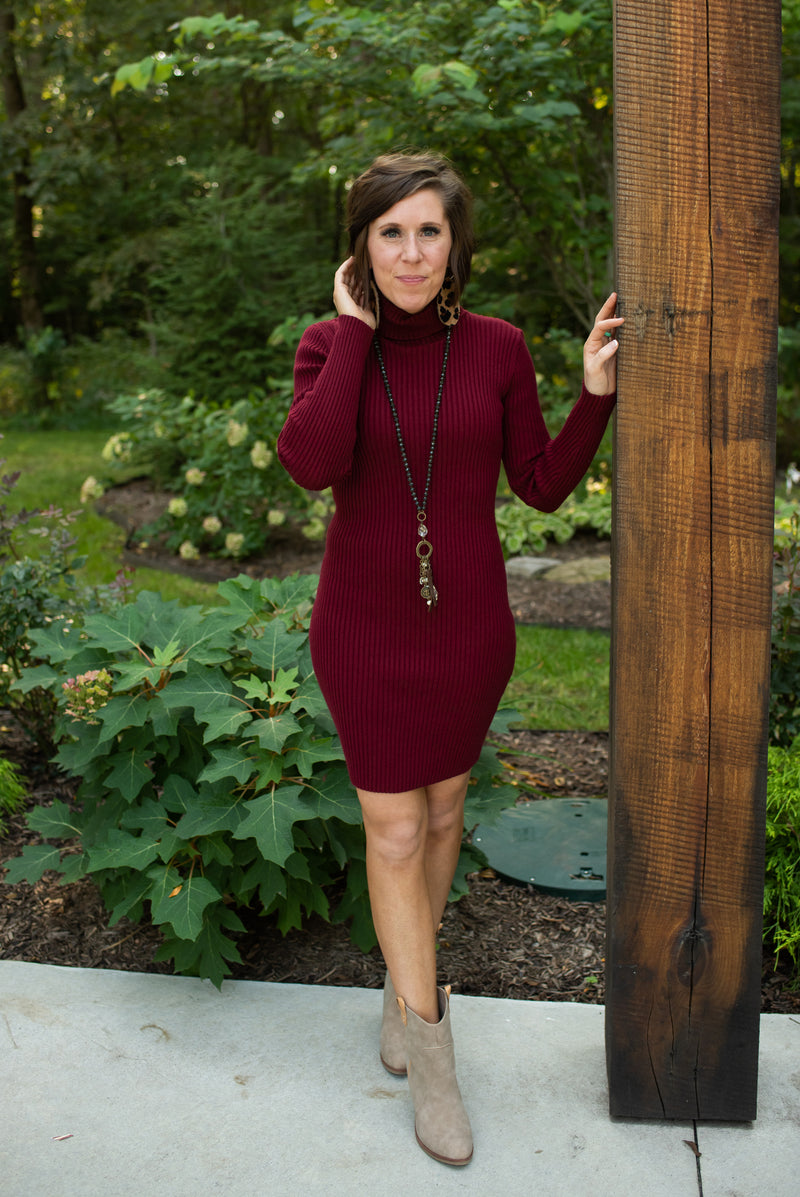 Wine Long Sleeve Rib Knit Sweater Dress – The Red Raccoon