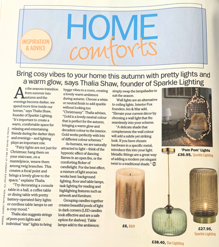 Our Pom Pom String Lights and Cordless Glass Ribbed Battery Lamps in My Weekly