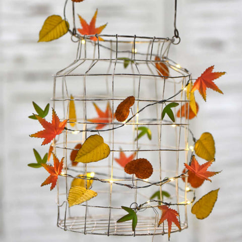 yellow orange red autumn leaves fairy string lights