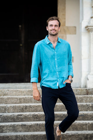 man in blue hemp shirt