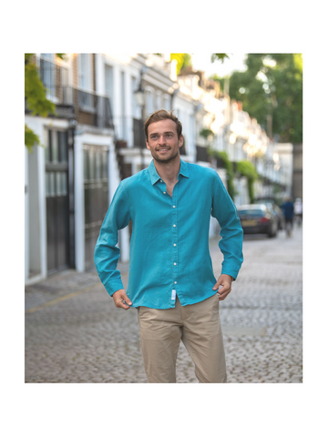 man in petrol blue hemp shirt