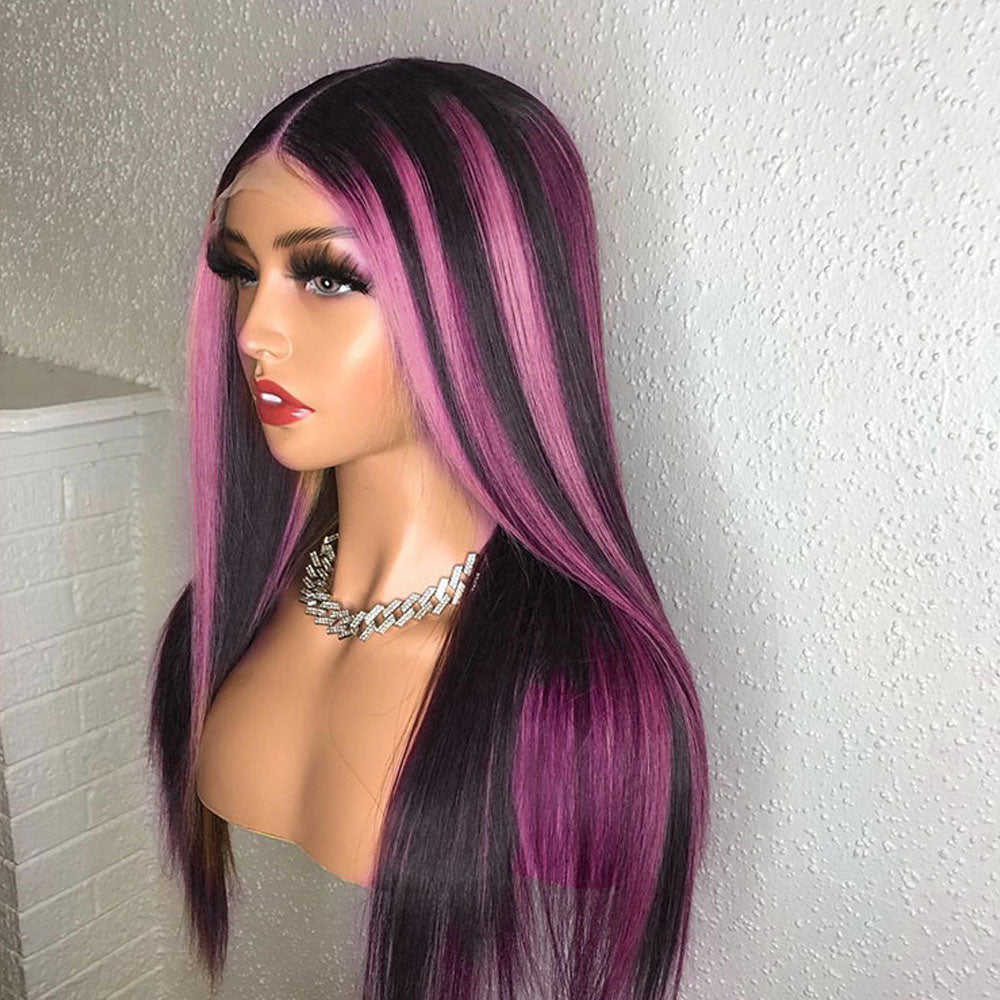 Black Hair Wig With Pink Highlight Stripes 100% Real Human Hair Wig – SULMY