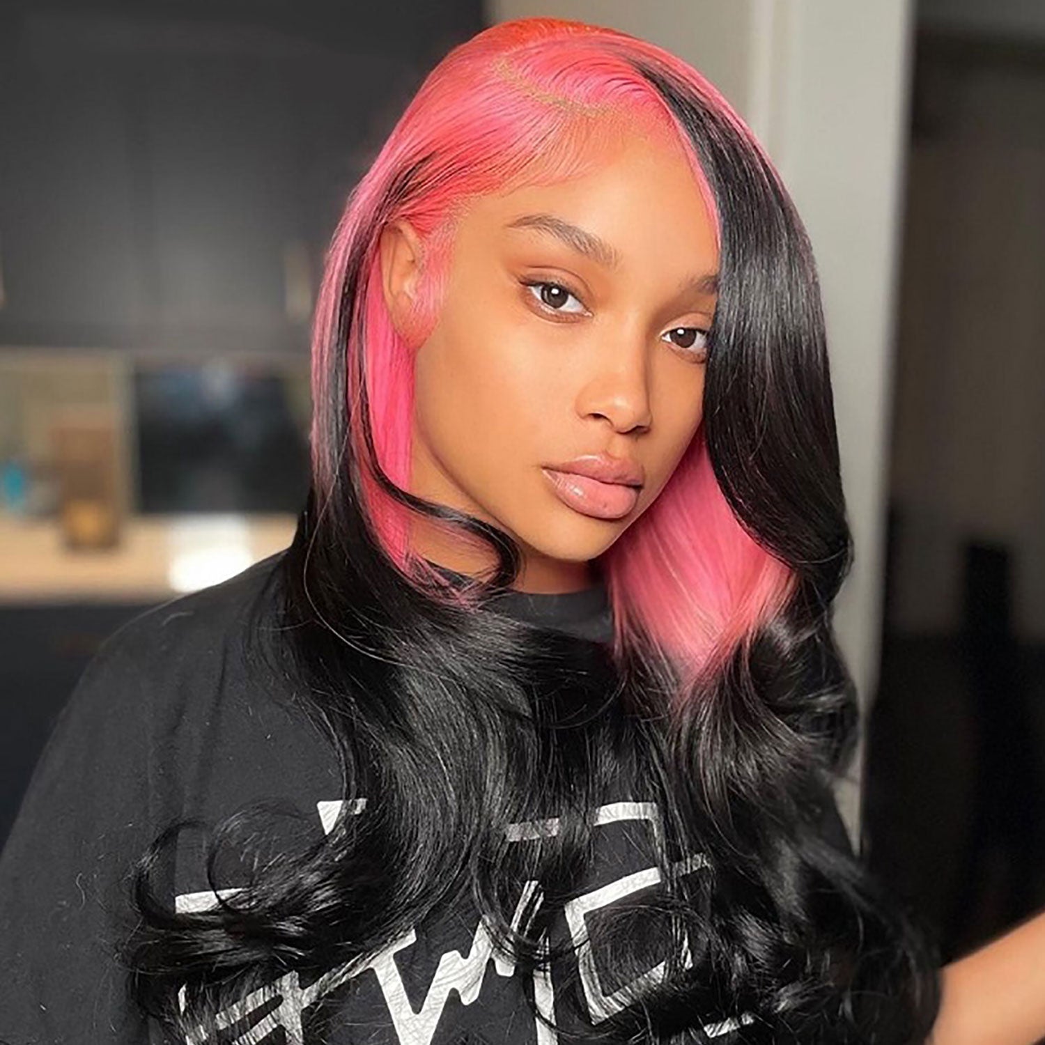 Pink Highlight on Black Hair Lace Front Wig 100% Human Hair Wigs – SULMY
