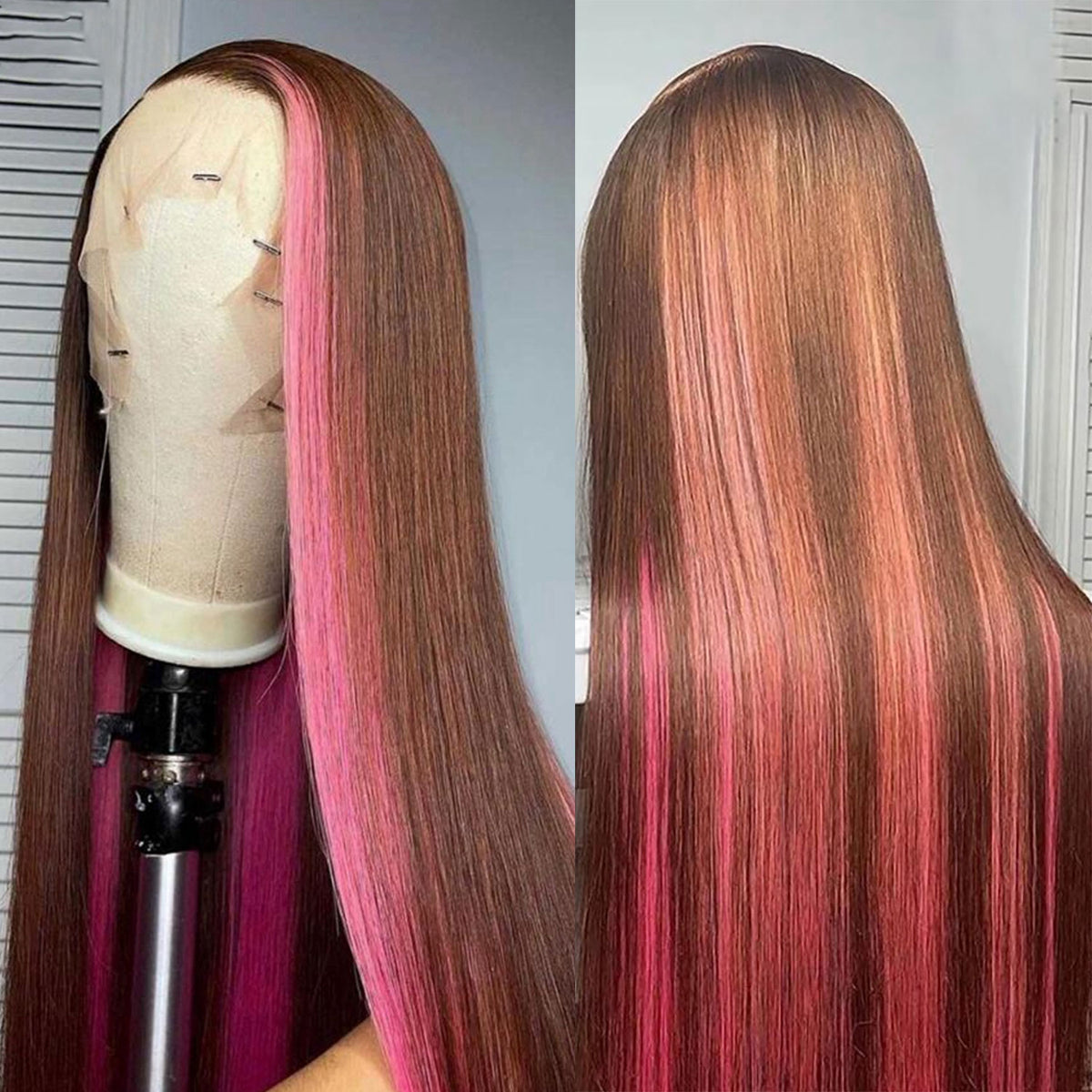 Pink Highlights on Dark Brown Hair Lace Front Wig 100% Human Hair Wigs –  SULMY