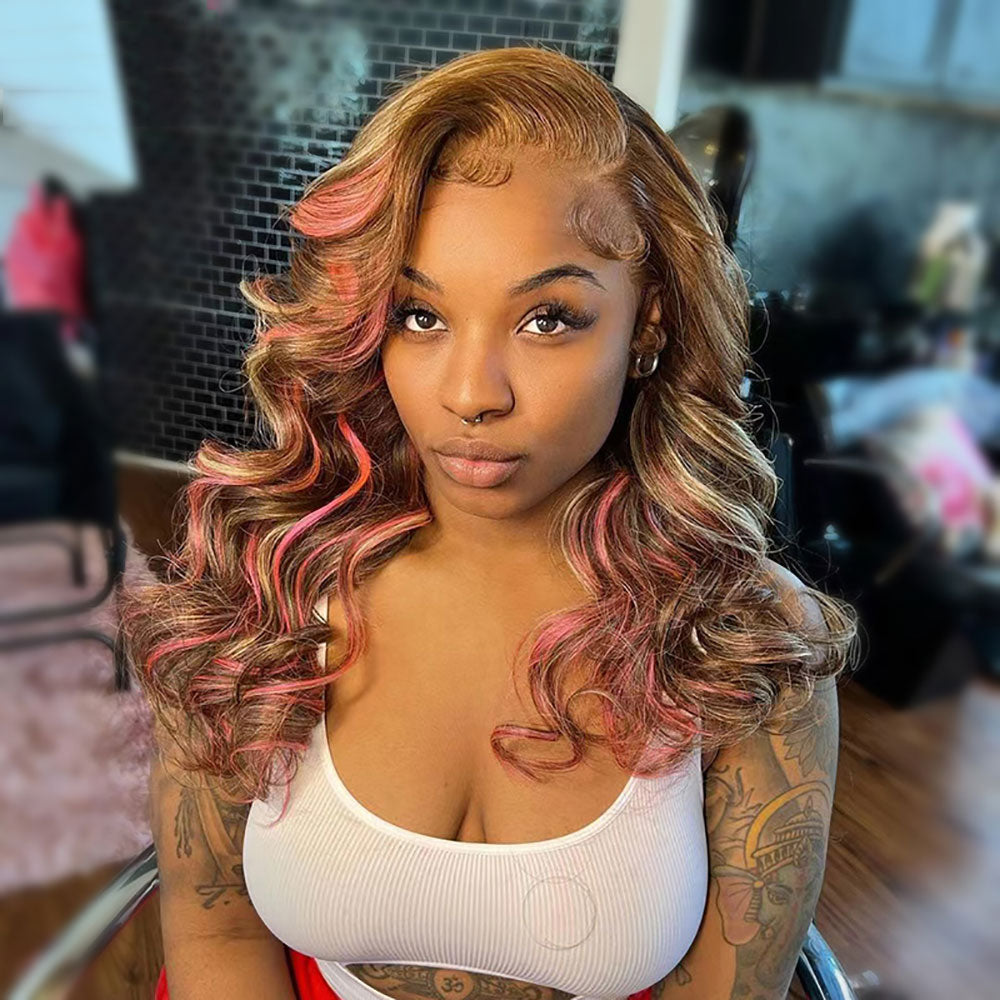 SULMY Dirty Blonde Hair With Pink Highlights Wigs 100% Human Hair