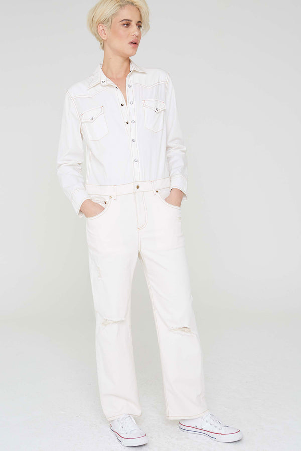 white jean jumpsuit