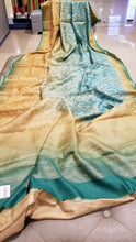 Load image into Gallery viewer, Handwoven Pure Muga Silk  Banarasi Sari with Digital Print in shades of Sea blue on Golden
