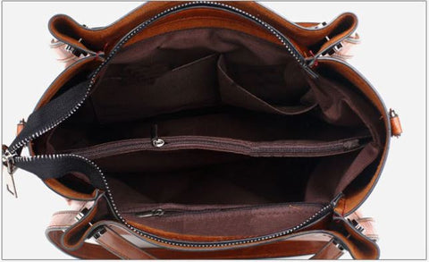 Brown leather tote bags with zipper closure