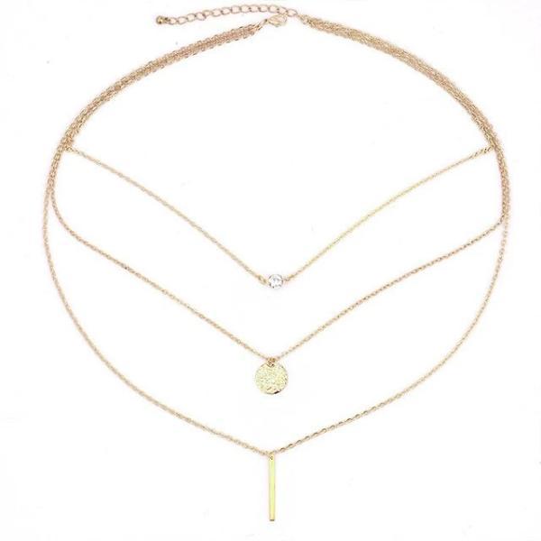 Gold bar-coin-zircon pendant necklace