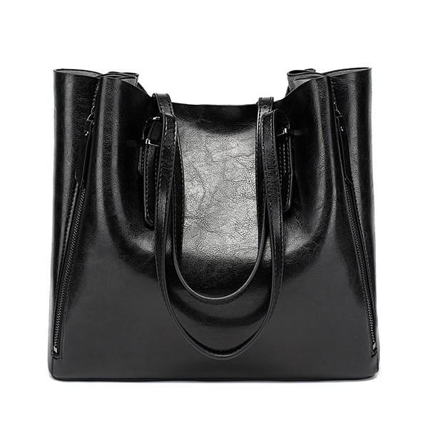 black leather tote bag with zipper