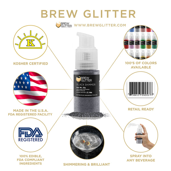 Black Shimmer Beverage Spray Glitter | Infographic for Edible Glitter. FDA Compliant Made in USA | Brewglitter.com